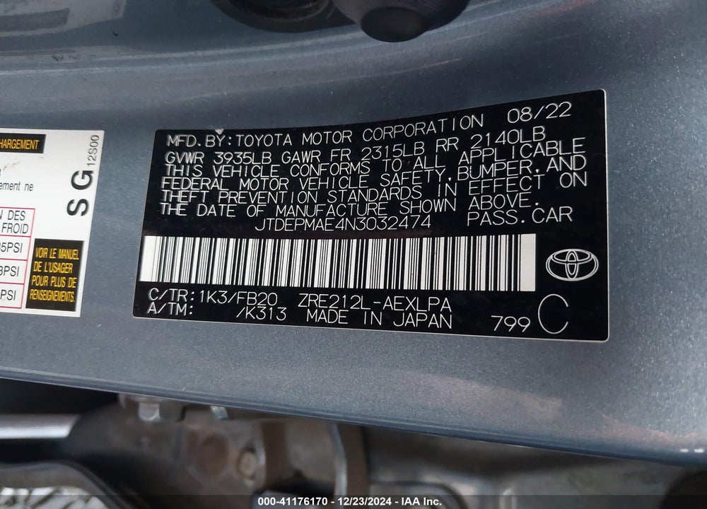 2022 TOYOTA COROLLA VIN: JTDEPMAE4N3032474