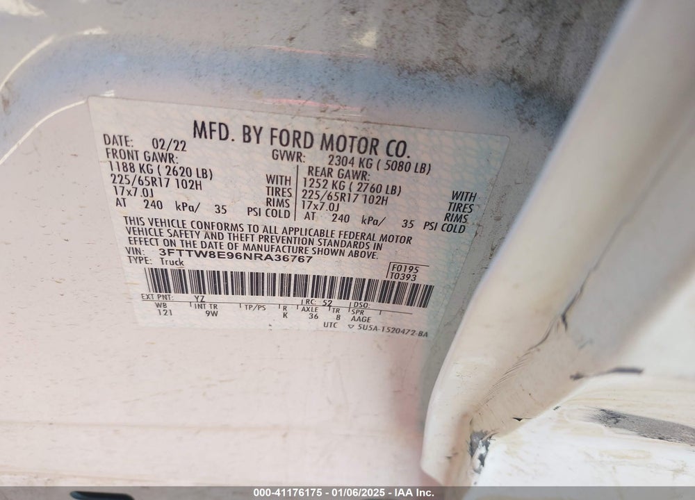 2022 FORD MAVERICK XL VIN: 3FTTW8E96NRA36767