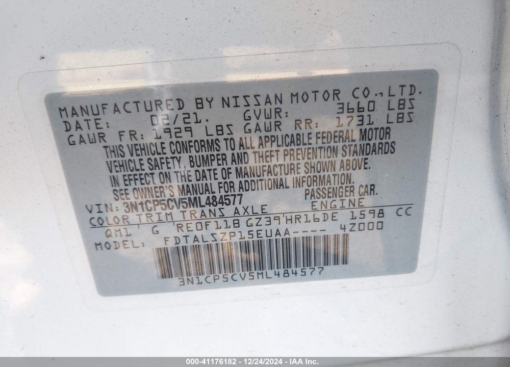 2021 NISSAN KICKS SV XTRONIC CVT VIN: 3N1CP5CV5ML484577