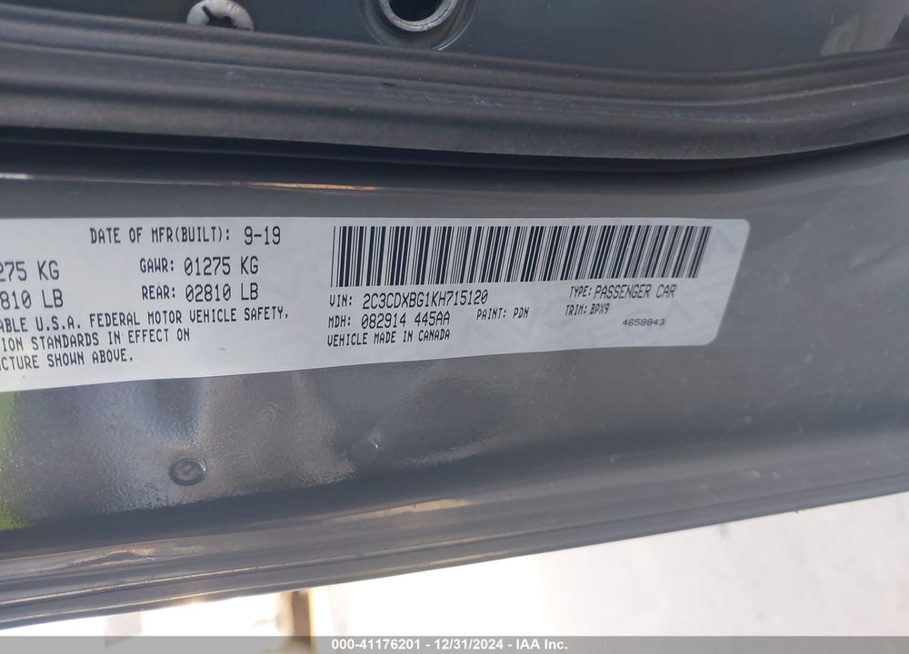 2019 DODGE CHARGER VIN: 2C3CDXBG1KH715120