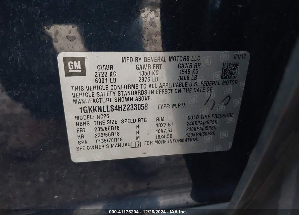 2017 GMC ACADIA SLE-2 VIN: 1GKKNLLS4HZ233058