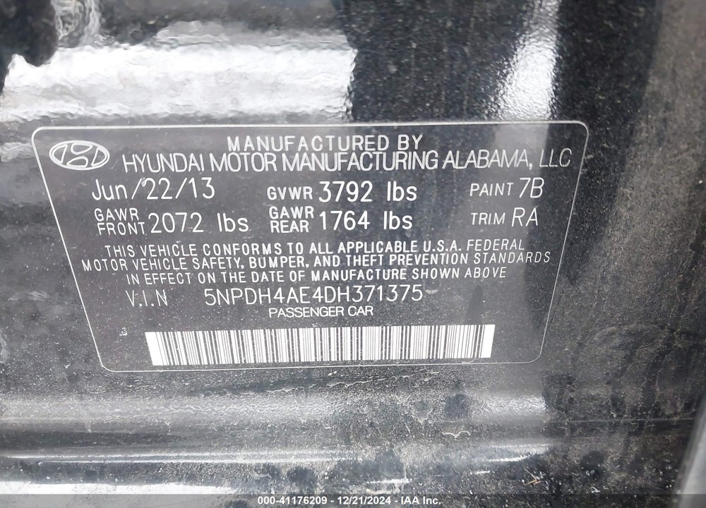 2013 HYUNDAI ELANTRA GLS VIN: 5NPDH4AE4DH371375