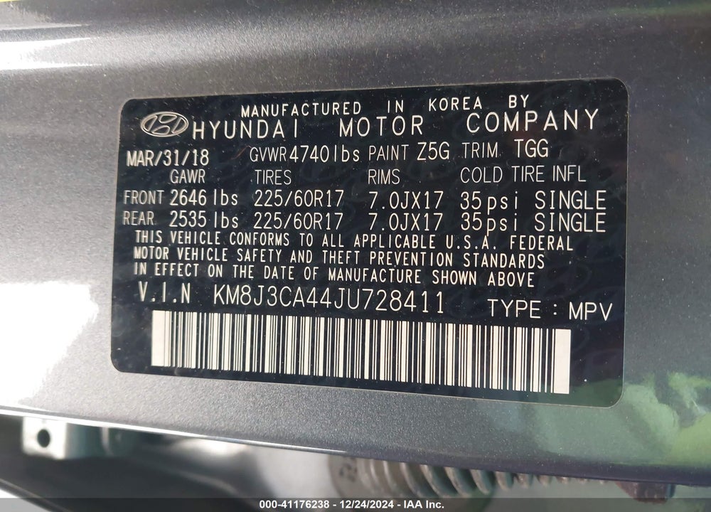 2018 HYUNDAI TUCSON SEL VIN: KM8J3CA44JU728411