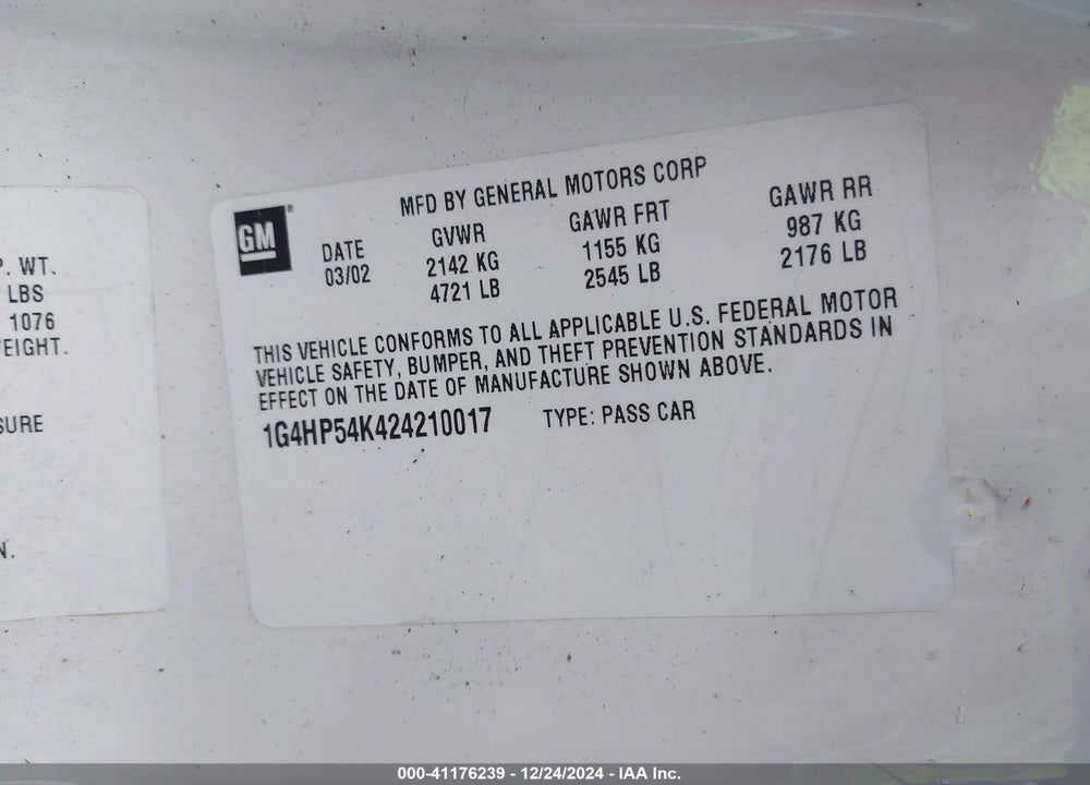 2002 BUICK LESABRE CUSTOM VIN: 1G4HP54K424210017