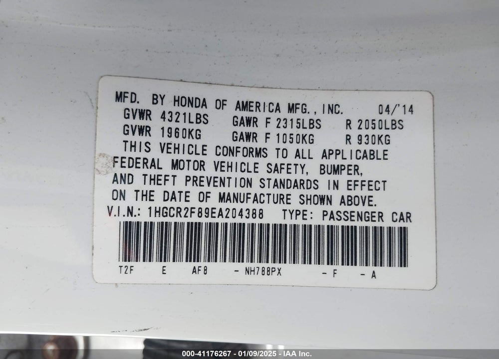 2014 HONDA ACCORD VIN: 1HGCR2F89EA204388