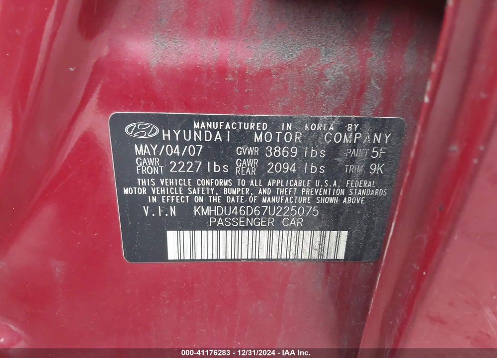 2007 HYUNDAI ELANTRA VIN: KMHDU46D67U225075