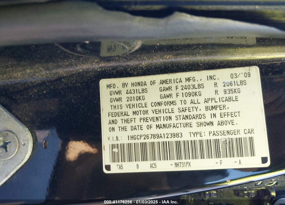 2009 HONDA ACCORD 2.4 EX VIN: 1HGCP26789A123983