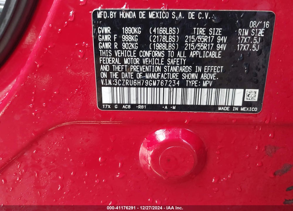 2016 HONDA HR-V EX-L VIN: 3CZRU6H79GM767234