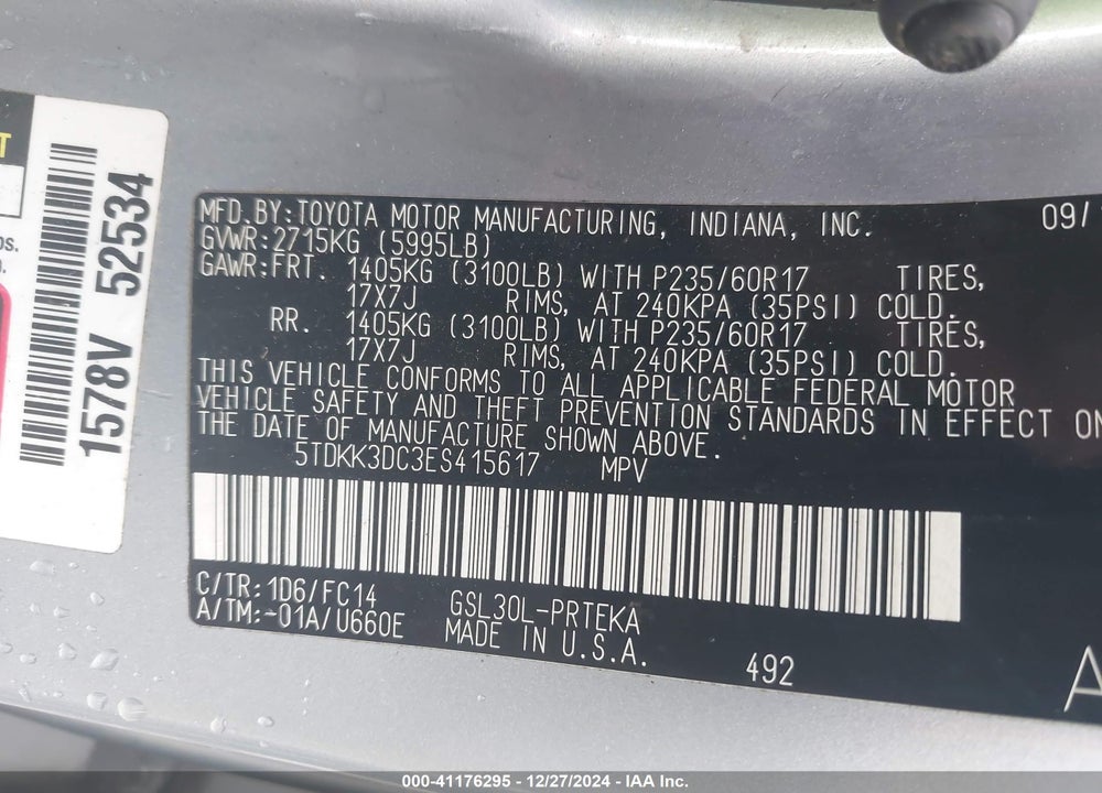 2014 TOYOTA SIENNA LE V6 8 PASSENGER VIN: 5TDKK3DC3ES415617