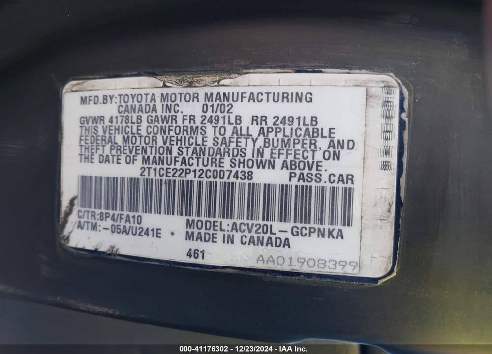 2002 TOYOTA CAMRY SOLARA SE VIN: 2T1CE22P12C007438