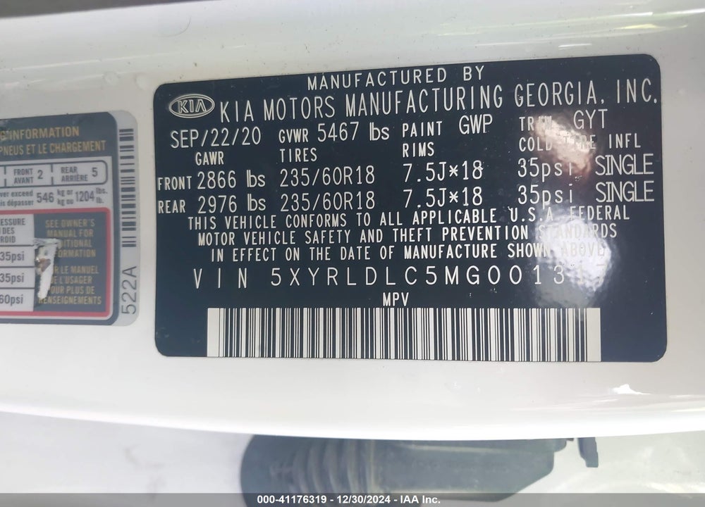 2021 KIA SORENTO S VIN: 5XYRLDLC5MG001317