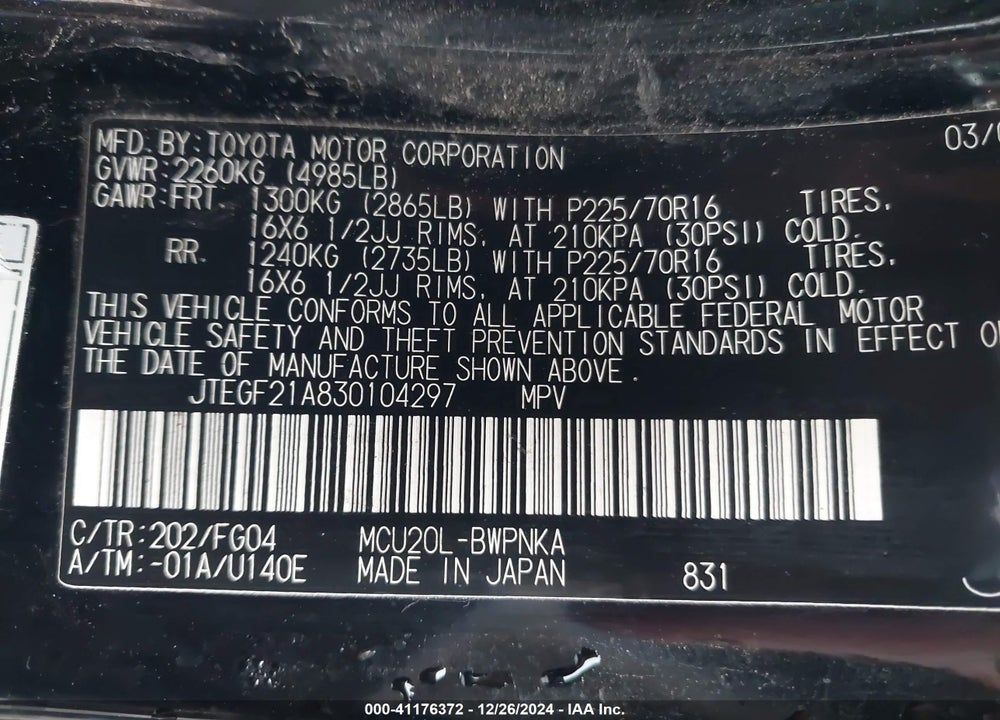 2003 TOYOTA HIGHLANDER V6 VIN: JTEGF21A830104297