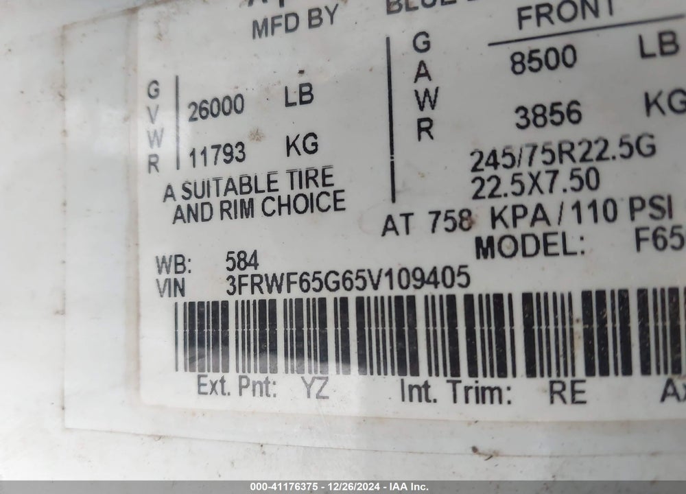 2005 FORD F-650 XL/XLT VIN: 3FRWF65G65V109405