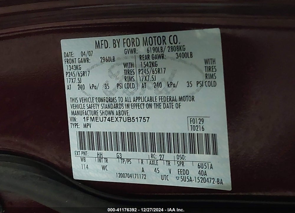 2007 FORD EXPLORER EDDIE BAUER VIN: 1FMEU74EX7UB51757