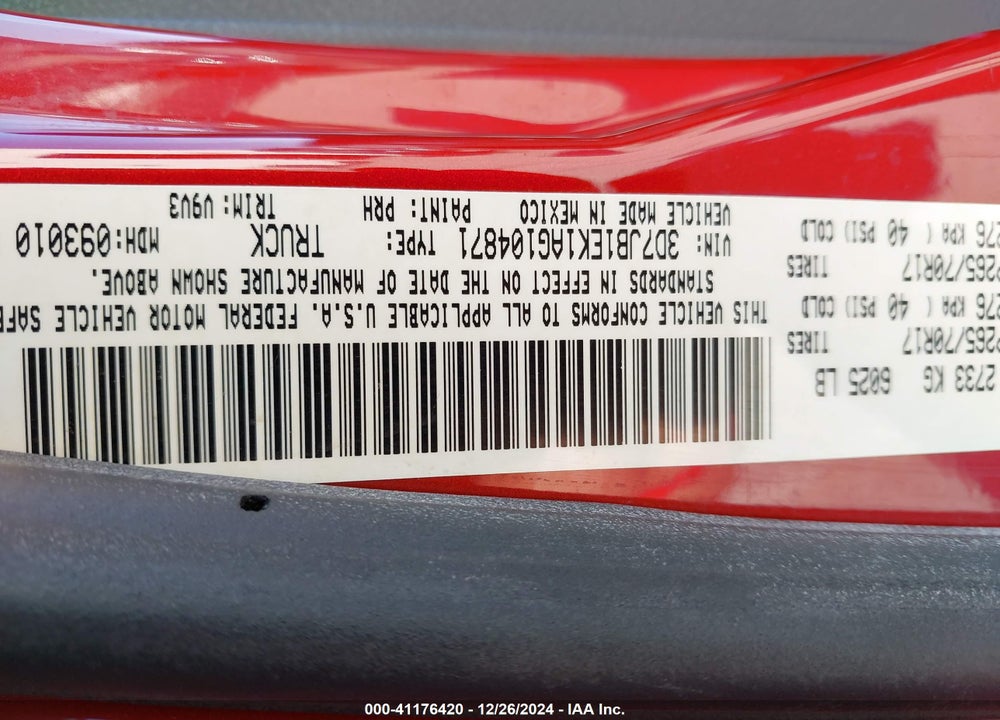 2010 DODGE RAM 1500 VIN: 3D7JB1EK1AG104871
