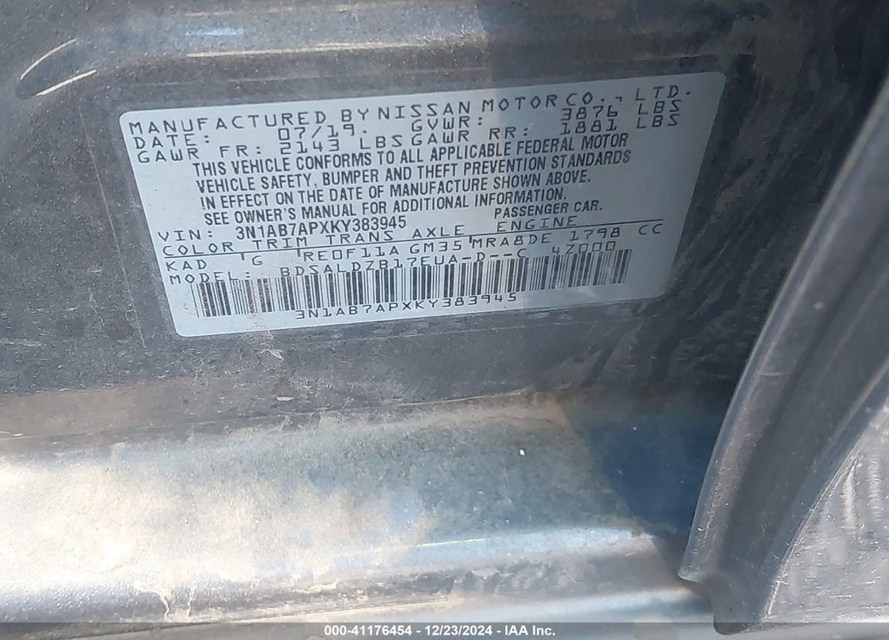 2019 NISSAN SENTRA VIN: 3N1AB7APXKY383945
