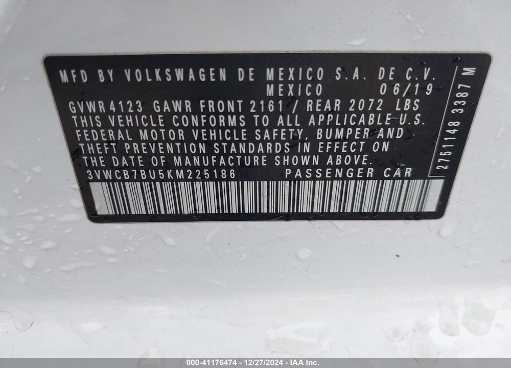 2019 VOLKSWAGEN JETTA 1.4T R-LINE/1.4T S/1.4T SE VIN: 3VWCB7BU5KM225186