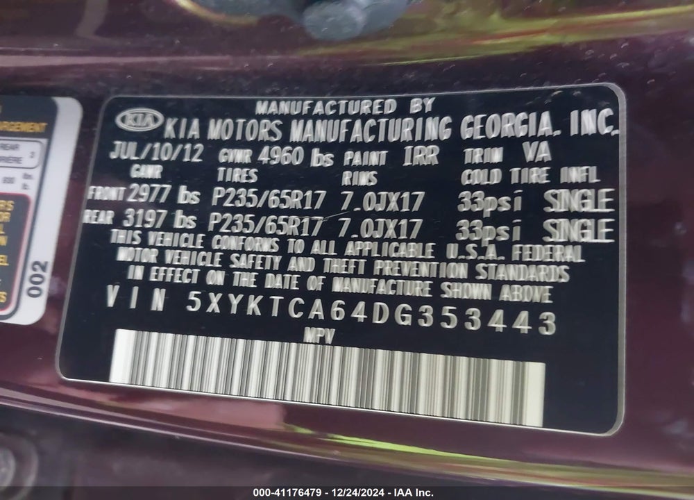 2013 KIA SORENTO LX VIN: 5XYKTCA64DG353443