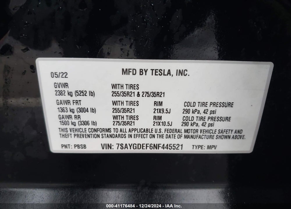 2022 TESLA MODEL Y VIN: 7SAYGDEF6NF445521
