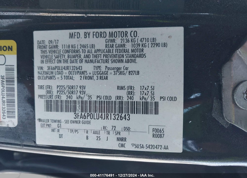 2018 FORD FUSION HYBRID SE VIN: 3FA6P0LU4JR132643