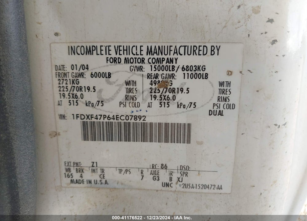 2004 FORD F-450 CHASSIS XL/XLT VIN: 1FDXF47P648C07892