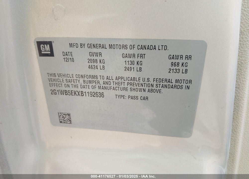 2011 CHEVROLET IMPALA LT VIN: 2G1WB5EKXB1192636