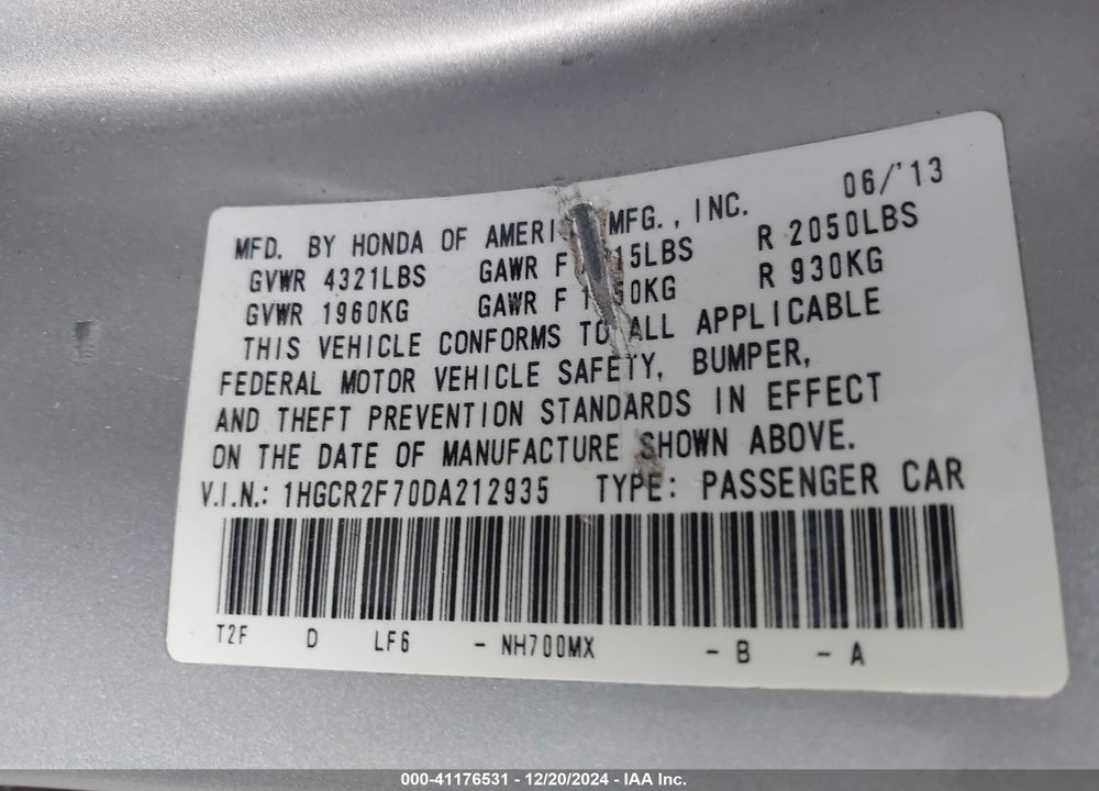 2013 HONDA ACCORD EX VIN: 1HGCR2F70DA212935