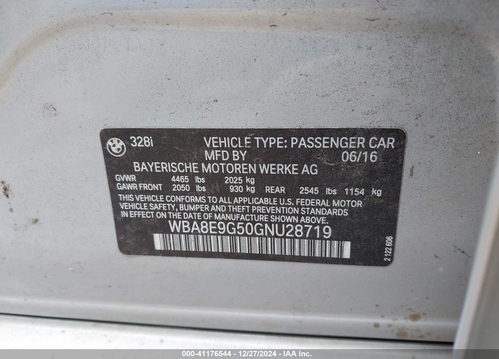 2016 BMW 328I VIN: WBA8E9G50GNU28719