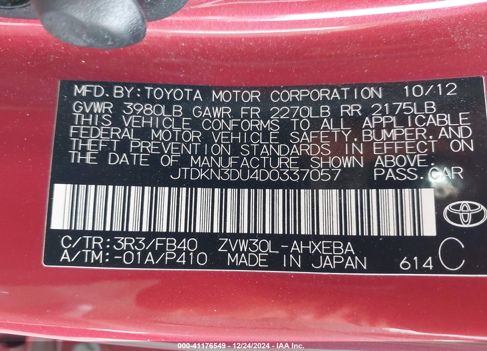 2013 TOYOTA PRIUS VIN: JTDKN3DU4D0337057