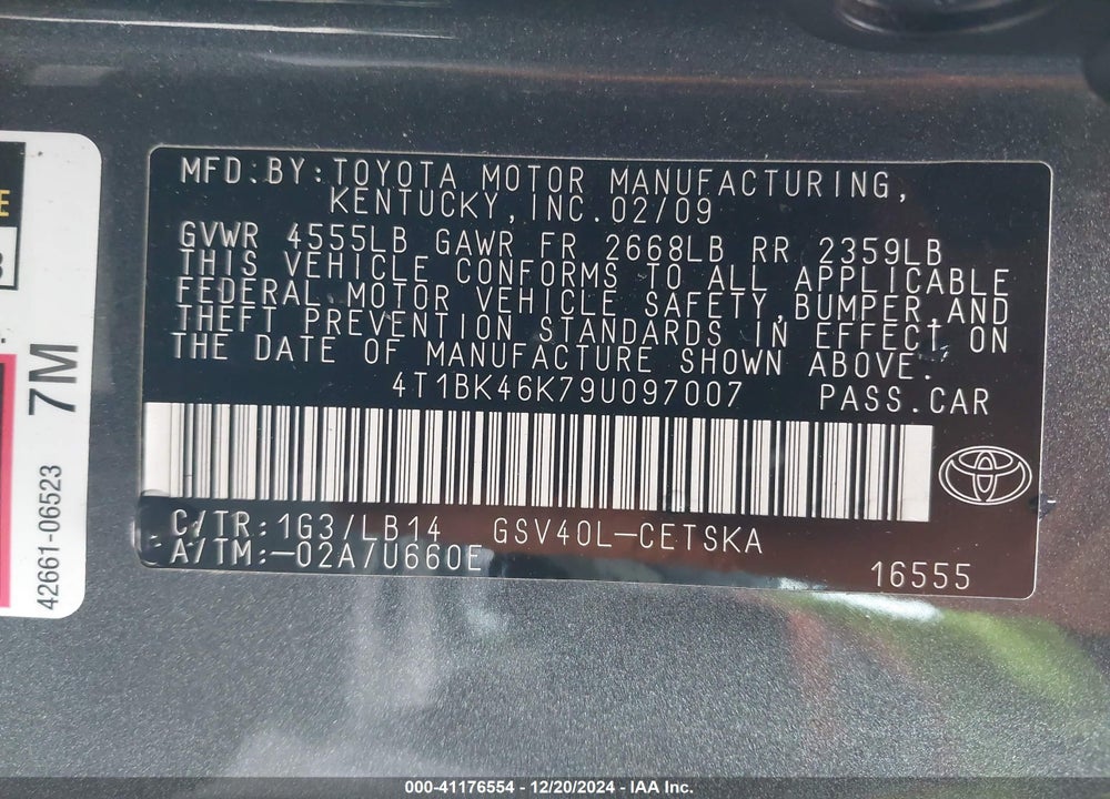 2009 TOYOTA CAMRY SE V6 VIN: 4T1BK46K79U097007