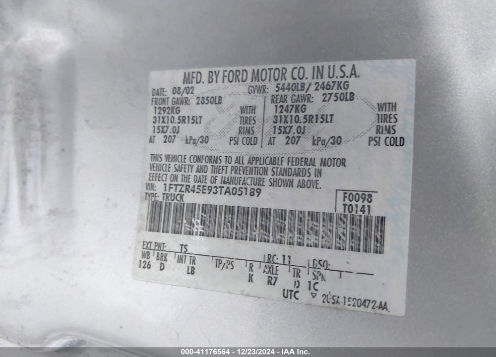 2003 FORD RANGER EDGE/XLT VIN: 1FTZR45E93TA05189