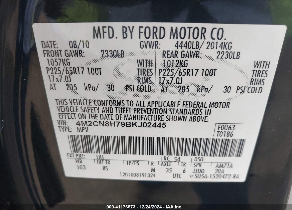 2011 MERCURY MARINER PREMIER VIN: 4M2CN8H79BKJ02445
