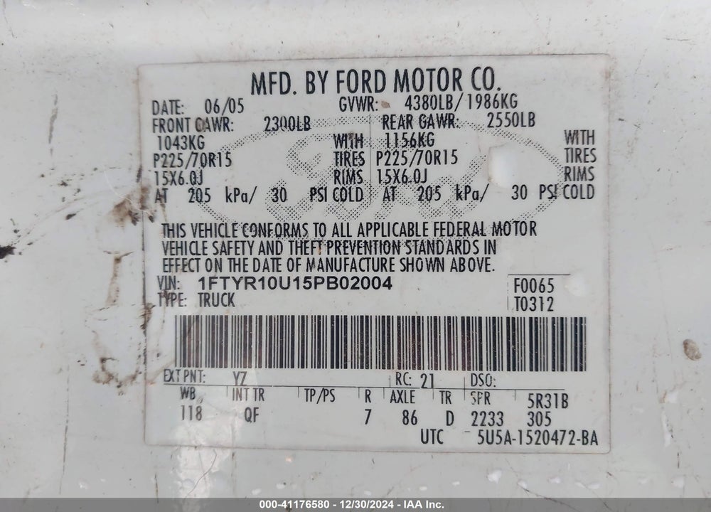 2005 FORD RANGER VIN: 1FTYR10U15PB02004