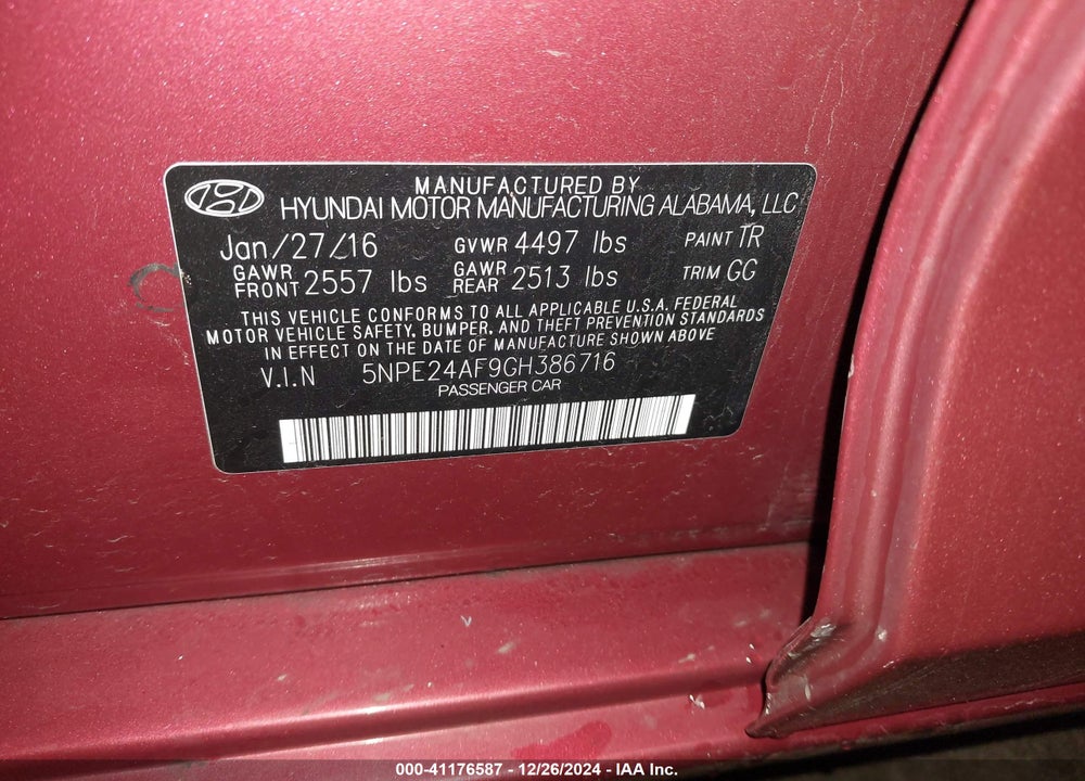 2016 HYUNDAI SONATA VIN: 5NPE24AF9GH386716