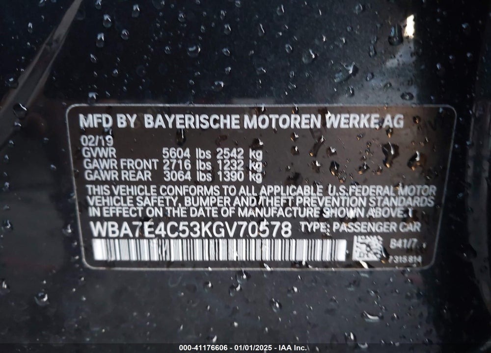 2019 BMW 740I XDRIVE VIN: WBA7E4C53KGV70578