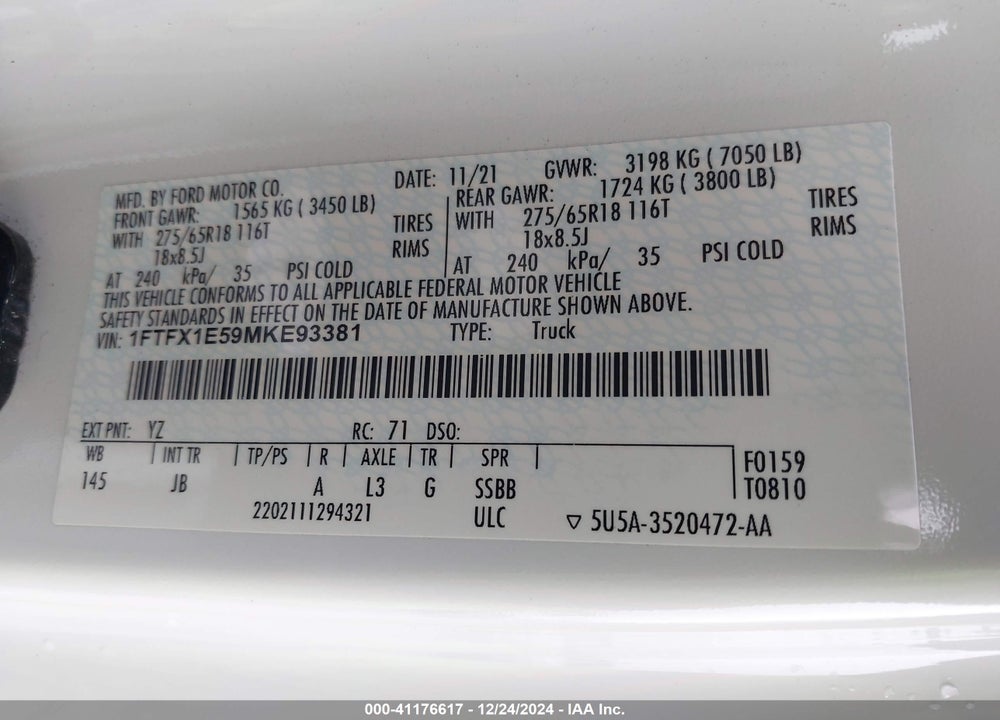 2021 FORD F150 VIN: 1FTFX1E59MKE93381