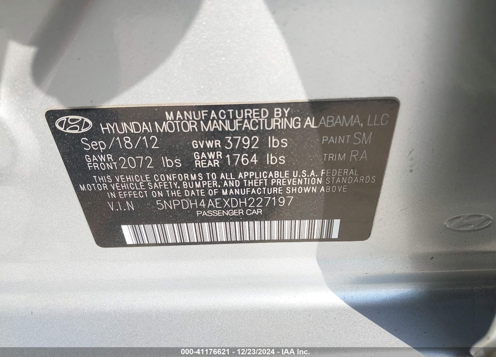 2013 HYUNDAI ELANTRA GLS VIN: 5NPDH4AEXDH227197