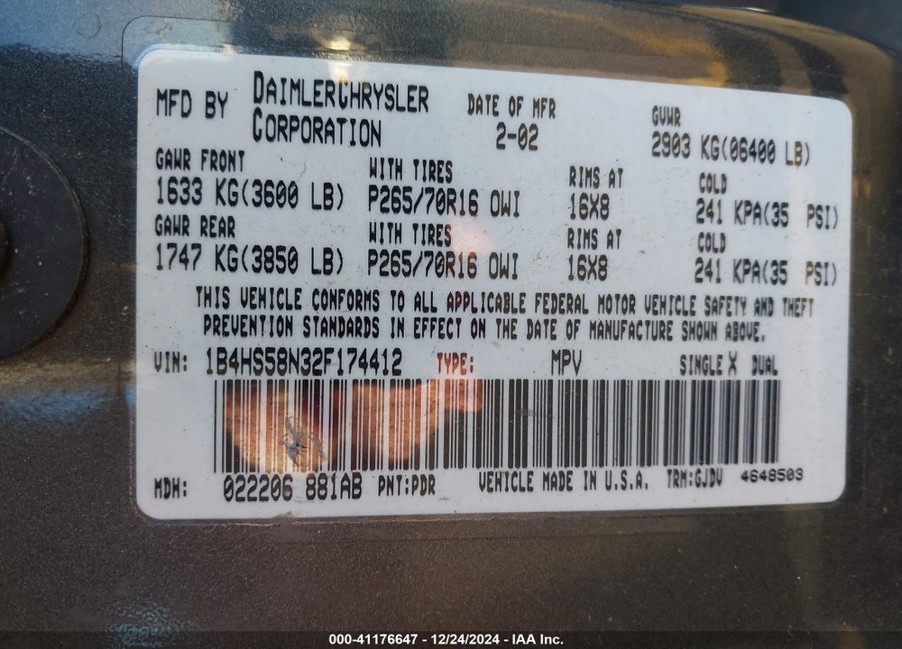 2002 DODGE DURANGO SLT PLUS VIN: 1B4HS58N32F174412