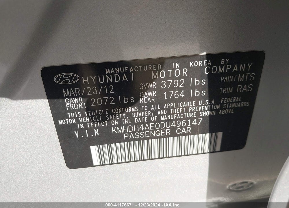 2013 HYUNDAI ELANTRA VIN: KMHDH4AE0DU496147