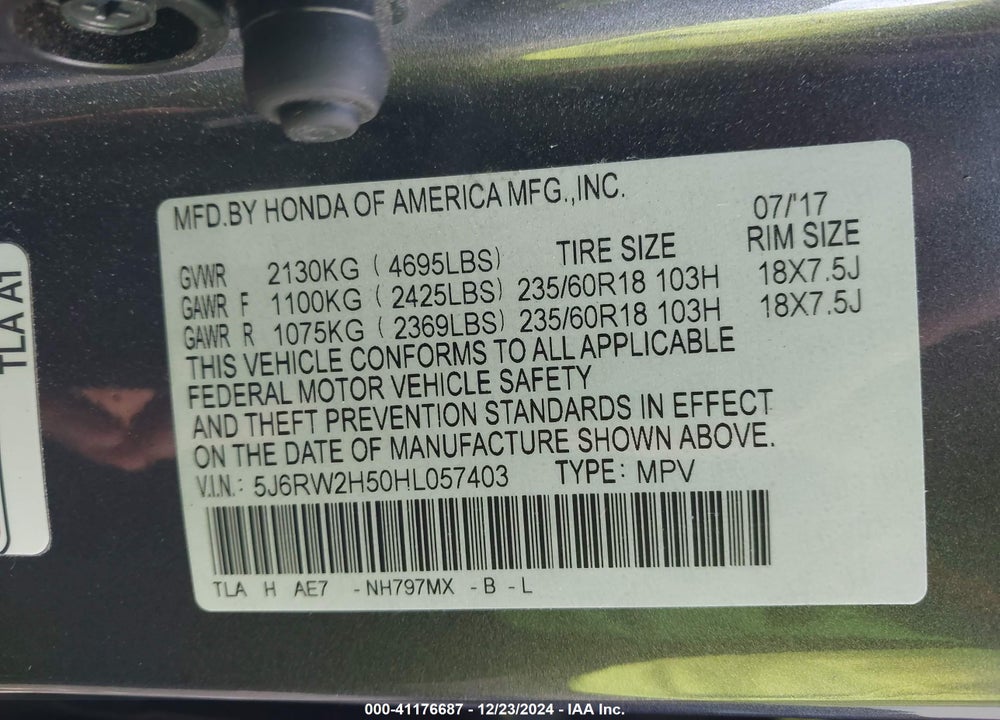 2017 HONDA CR-V EX VIN: 5J6RW2H50HL057403