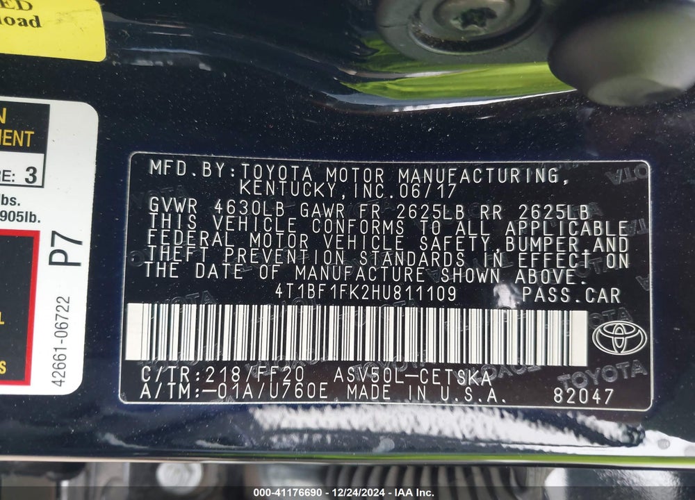 2017 TOYOTA CAMRY SE VIN: 4T1BF1FK2HU811109