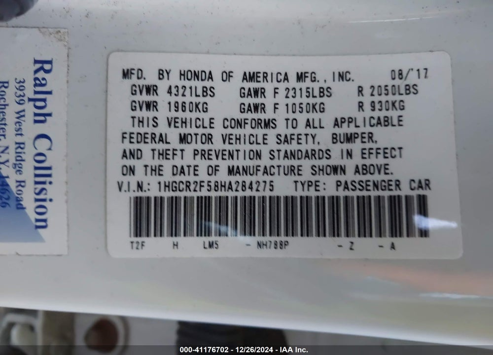 2017 HONDA ACCORD VIN: 1HGCR2F58HA284275