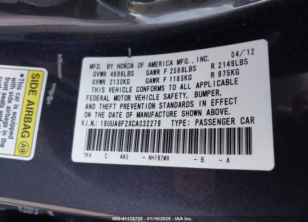 2012 ACURA TL VIN: 19UUA8F2XCA032279
