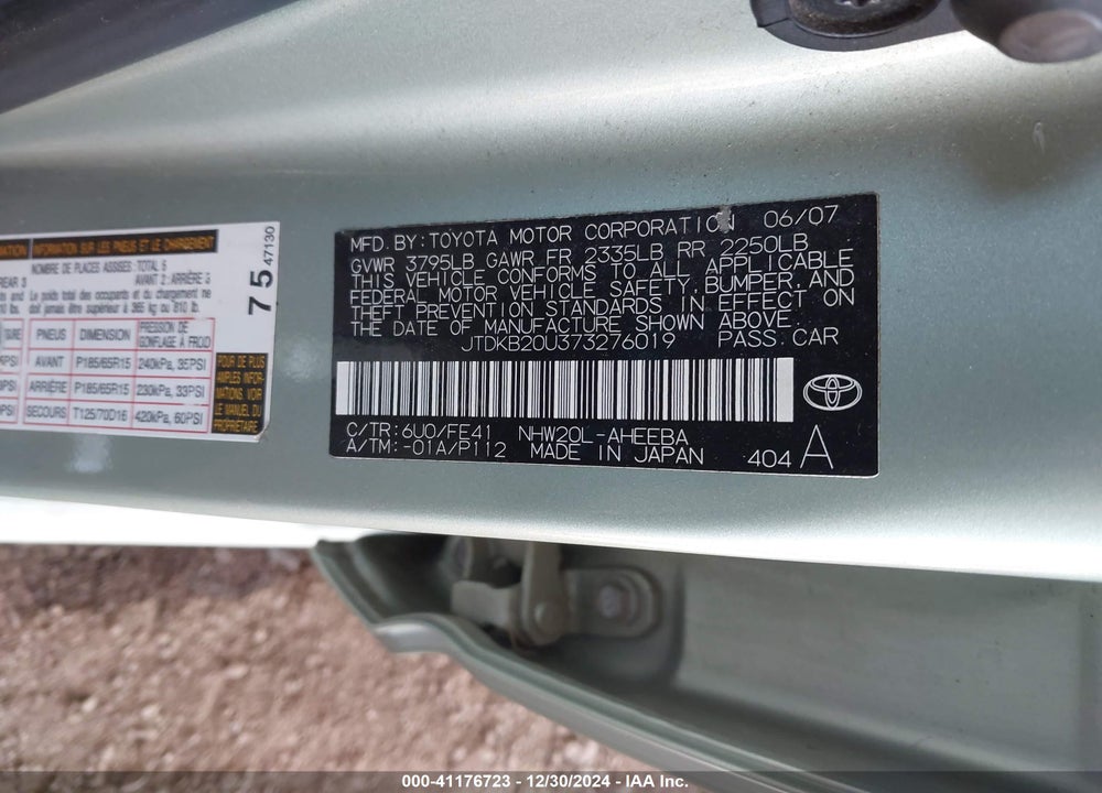 2007 TOYOTA PRIUS VIN: JTDKB20U373276019