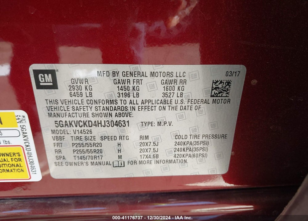 2017 BUICK ENCLAVE PREMIUM VIN: 5GAKVCKD4HJ304631