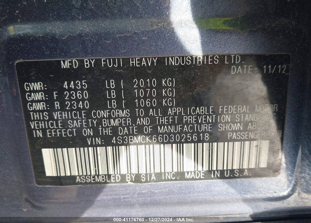 2013 SUBARU LEGACY 2.5I LIMITED VIN: 4S3BMCK66D3025618