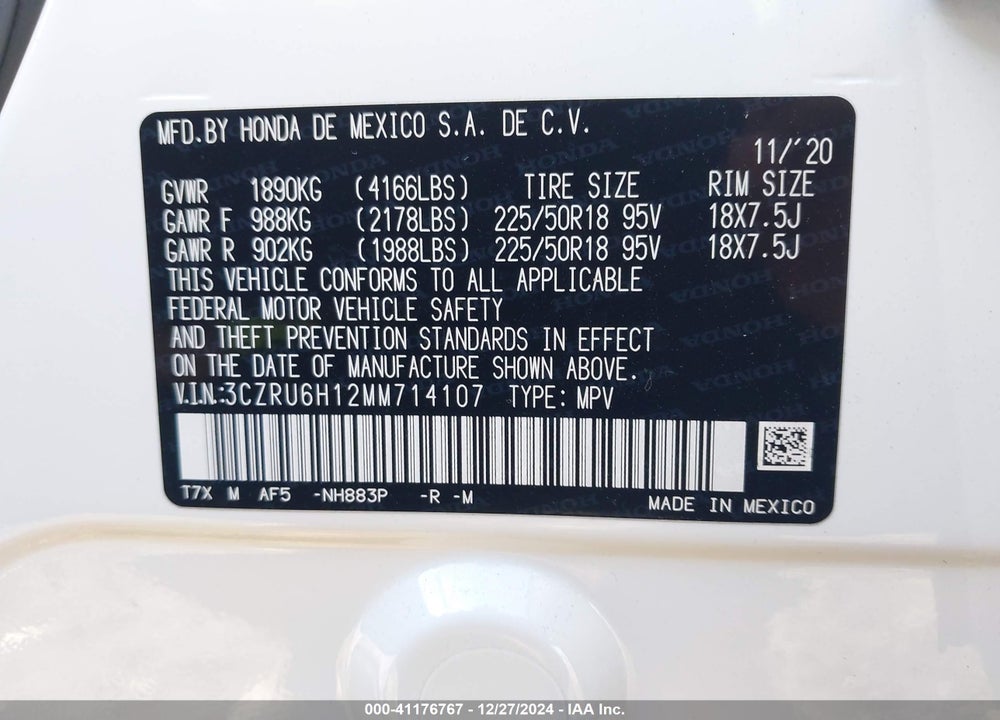 2021 HONDA HR-V VIN: 3CZRU6H12MM714107