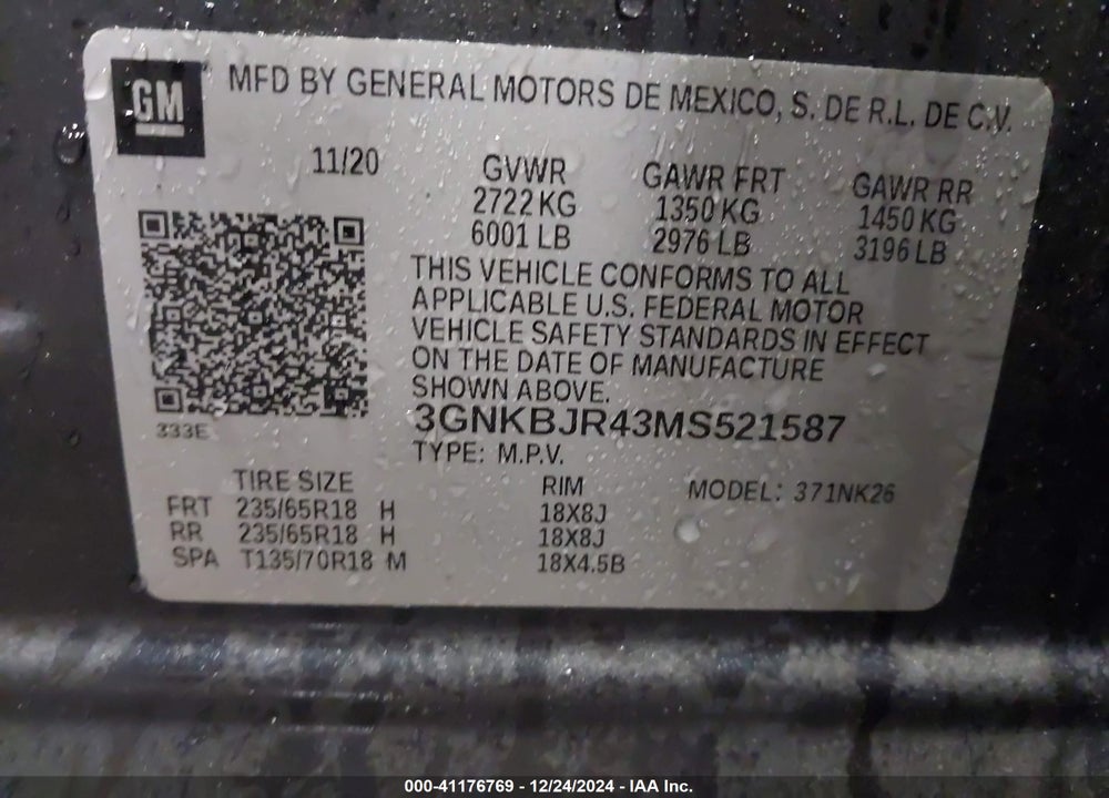 2021 CHEVROLET BLAZER VIN: 3GNKBJR43MS521587