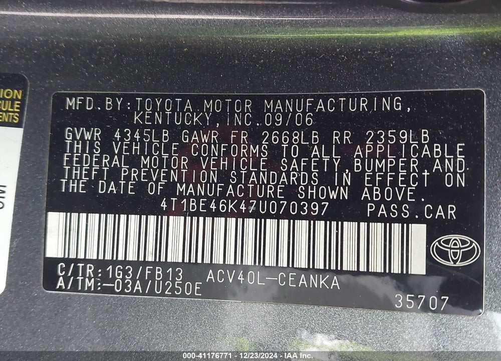 2007 TOYOTA CAMRY LE VIN: 4T1BE46K47U070397