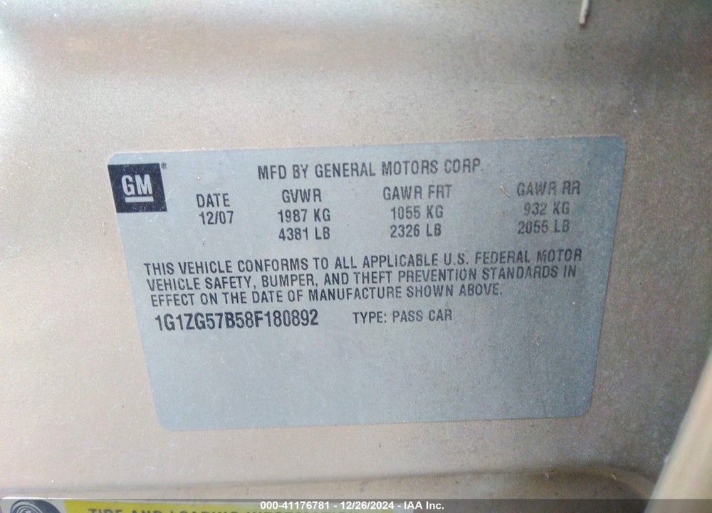 2008 CHEVROLET MALIBU LS VIN: 1G1ZG57B58F180892